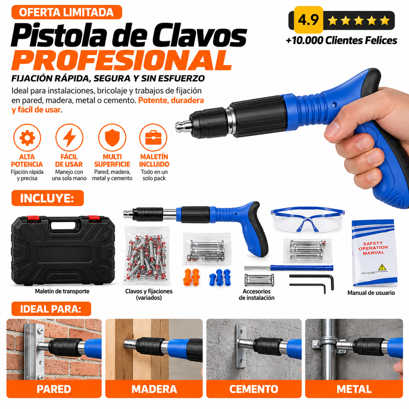 Pistola de clavos con accesorios